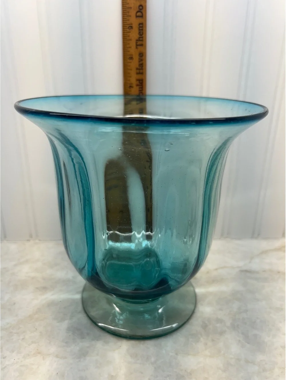 Stunning Vintage Teal Blue Art Glass Pedestal Vase / Hurricane Candle Holder